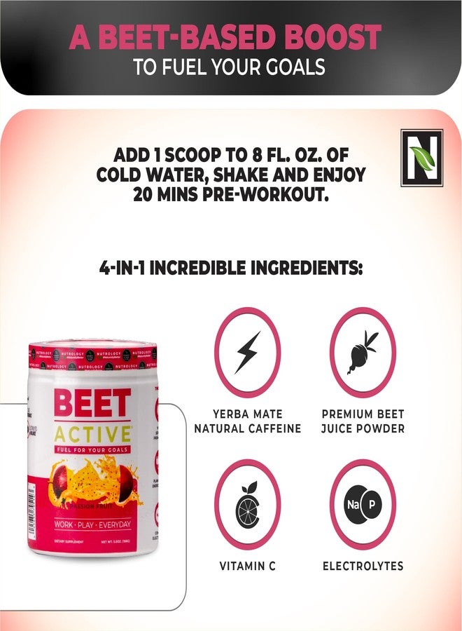 Nutrology Beet Active, Natural Pre-Workout Powder, Supports Energy, Endurance & Nitric Oxide Flow with Beet Powder, Yerba Mate & Electrolytes, Vegan Pre Workout, Passion Fruit Flavor, 30 Servings - Image 4